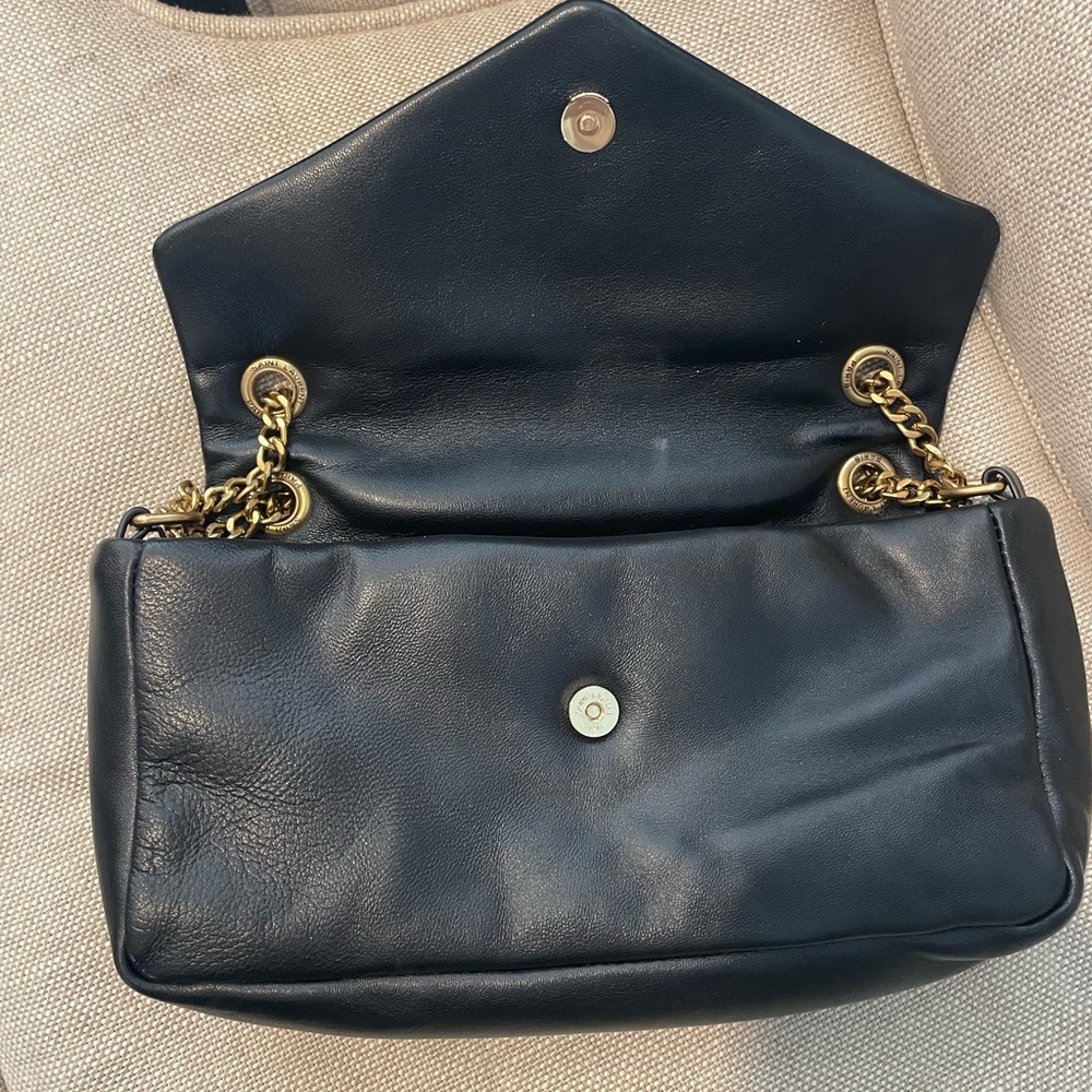 Black Leather Shoulder Bag with Gold Chain Straps